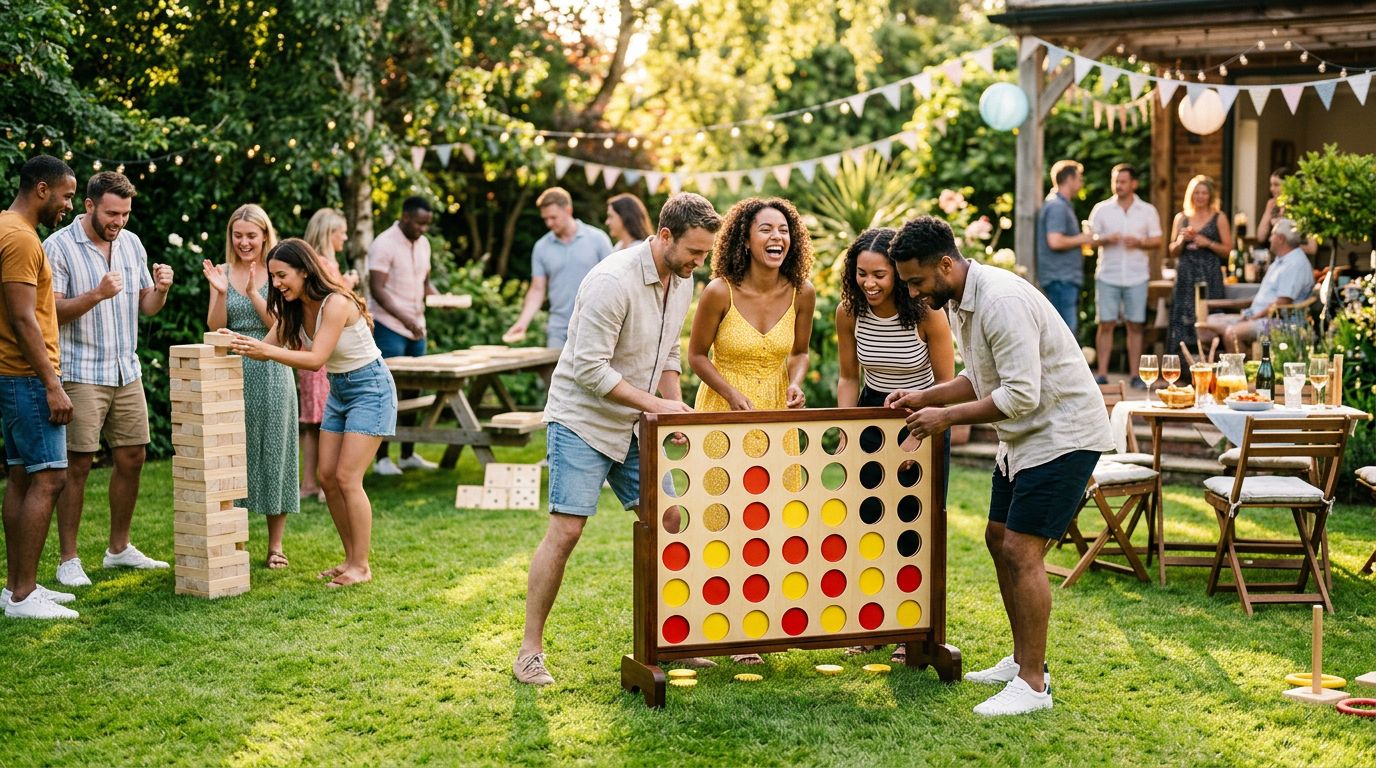 Jeux géants en extérieur avec Jenga XXL, Puissance 4 et Mölkky lors d'une fête