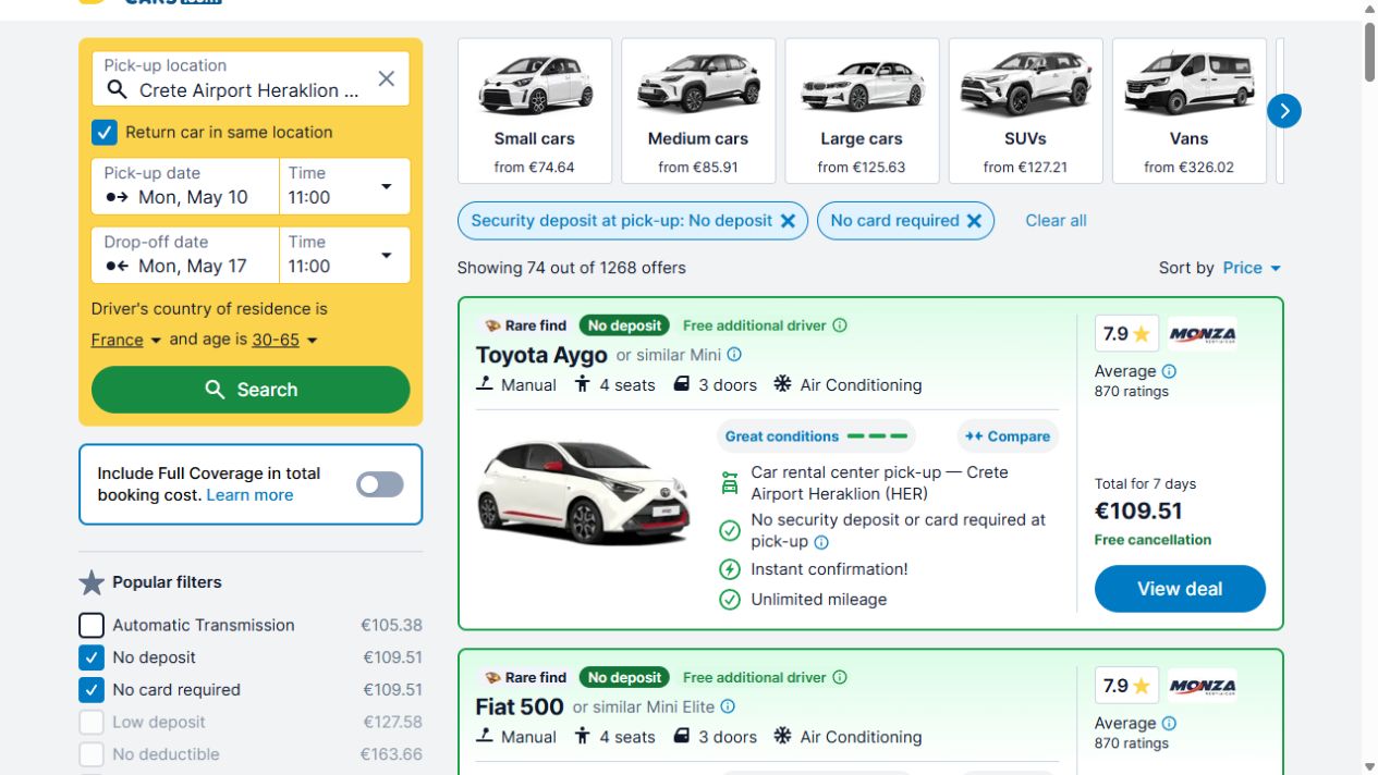 Les deux filtres No deposit et No card required cochés dans les résultats DiscoverCars à Héraklion